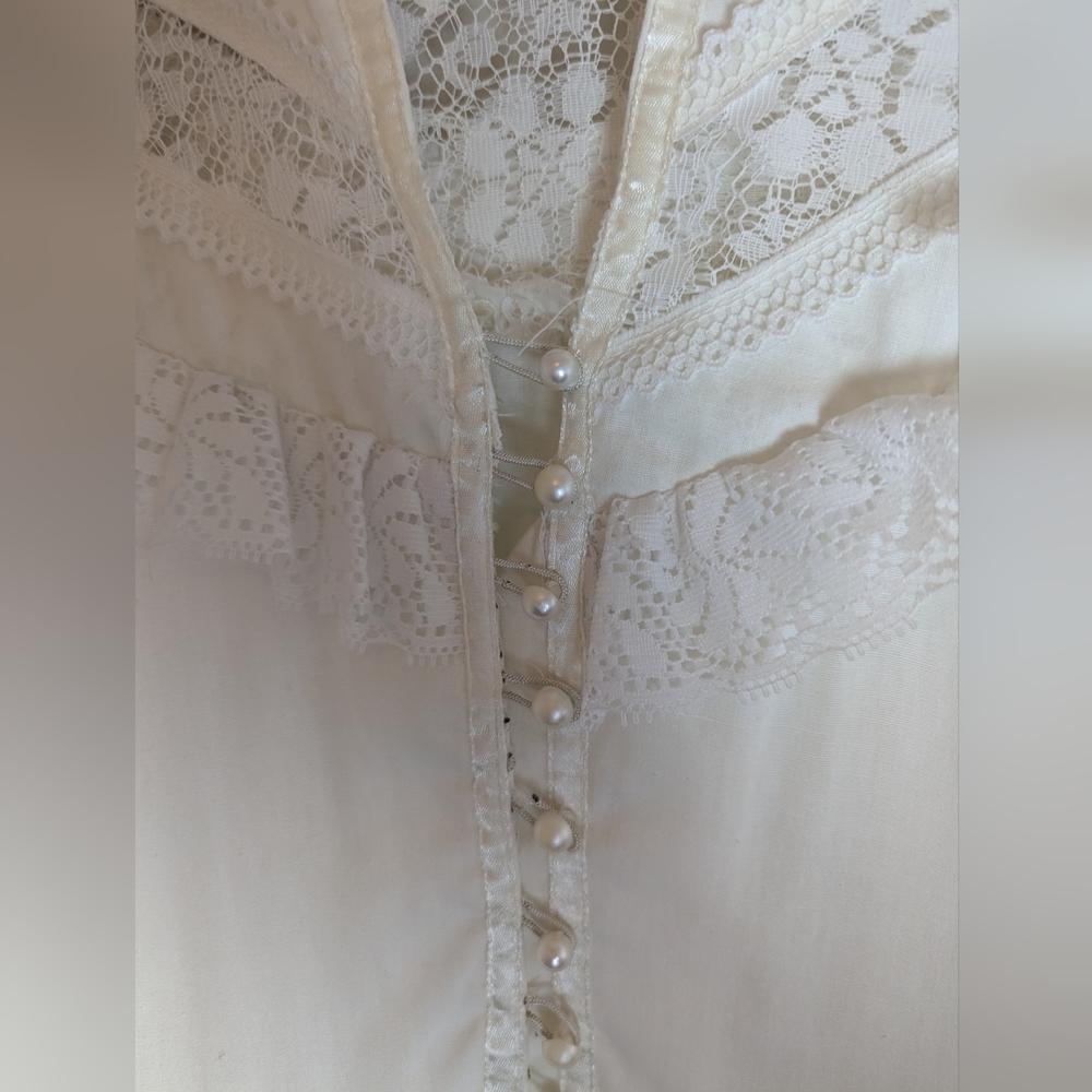 🤍 Vintage S Dress Fairy Prairie Cottage Wedding Cream Lace Puff Sleeves - Picture 9 of 16
